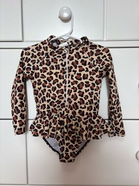 SHEIN Kids Leopard Print Long Sleeve One-Piece Swimsuit - Tan, Black, Brown Summ